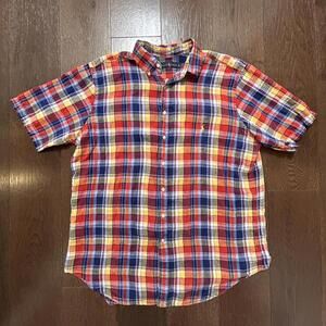 Ralph Lauren Men's XLT Tall 100% Pure Linen Colorful Plaid Button-Down Shirt